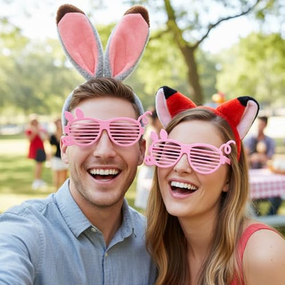 Fox And Bunny Ears Headband, 3 pcs Easter Basket Stuffers Rabbit And Fox Ears Headdress Set With Pig Glasses, Animal-Themed Headbands For Adult Costume Events And Photo Shoots
