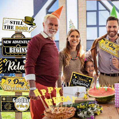 Hooqict Retirement Party Decorations 20 Pieces Happy Retirement Party Signs for Black and Gold Retirement Theme Party Decor Directional Banner Sign Retirement Birthday Party Supplies - style: Retirement