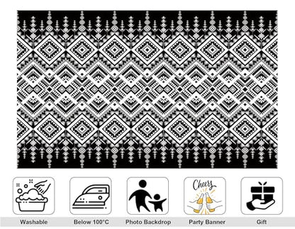 10x5ft Ethnic Geometric Backdrop Black White Tribal Pattern Photography Background for Minimalist Boho Party and Art Display Wall Decorations Tapestry Photo Booth Props - size: 10x5ft
