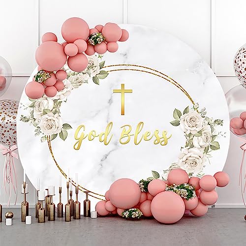 AOFOTO 7x7ft God Bless Floral Round Backdrop Cover Gold Cross Pink Rose Flower Mi Bautizo Baptism White Marble Arch Circle Photography Background Holy Communion Baby Shower Party Decoration - color: White, size: 7x7ft