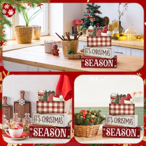 Lineshading 4 Pcs Christmas Table Decoration Wooden Hot Cocoa Santa Hat Decorations Christmas Tiered Tray Decor Winter Centerpiece Decorative Santa Hat Hot Cocoa Gift Box Tree Block Signs for Home - style: Christmas