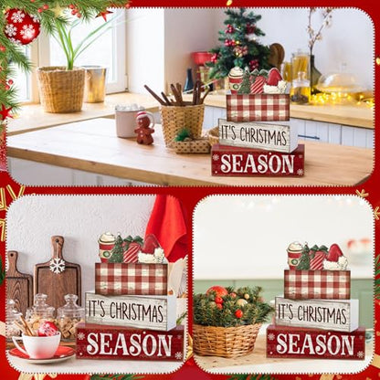 Lineshading 4 Pcs Christmas Table Decoration Wooden Hot Cocoa Santa Hat Decorations Christmas Tiered Tray Decor Winter Centerpiece Decorative Santa Hat Hot Cocoa Gift Box Tree Block Signs for Home - style: Christmas