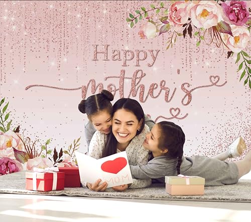 Mocsicka Mothers Day Backdrop Banner 7x5ft Pink Floral Happy Mothers Day Backdrop Decorations Thanks Mother's Day Photo Background Banner Party Decorations - size: 7x5ft