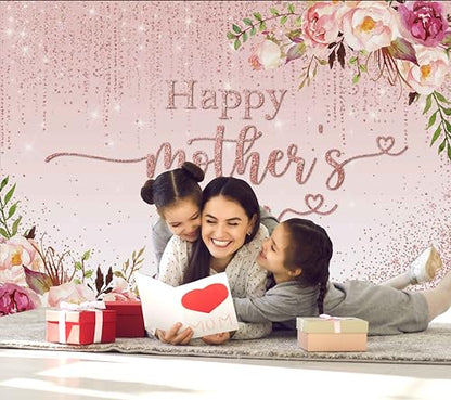Mocsicka Mothers Day Backdrop Banner 7x5ft Pink Floral Happy Mothers Day Backdrop Decorations Thanks Mother's Day Photo Background Banner Party Decorations - size: 7x5ft