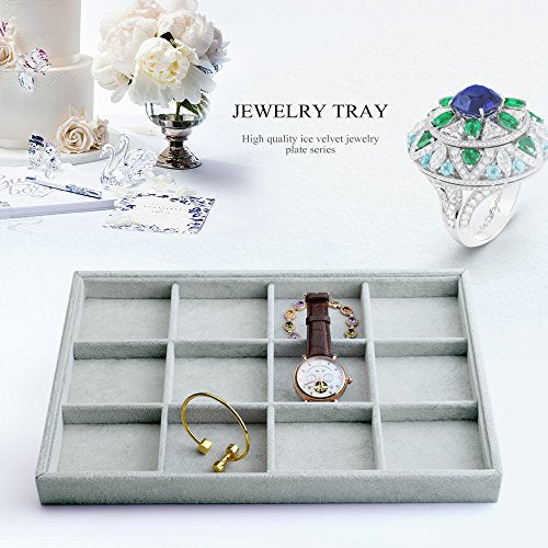Oirlv Velvet Stackable Jewelry Display Trays 12 Grids Rings Earrings Bracelet Organizer Storage Tray(13.8"x1.29"x9.4") - size: 12 Grid Tray