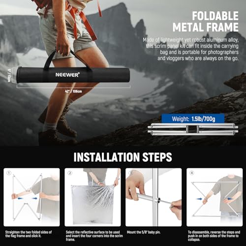 NEEWER Light Diffusion Panel Scrim Kit with Silver/White Reflector Film 35"x35" Foldable Frame with 5/8" Baby Pins Handle for C Stand 3 in 1 Diffuser for Studio Portrait Product Photography, SF9090F - size: 35"x35"