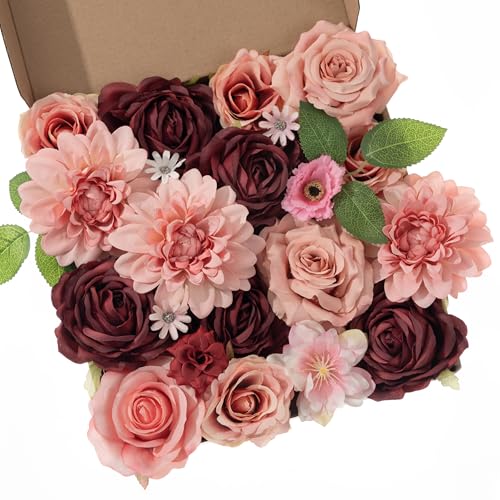 30 Pcs Artificial Flowers Combo Red Flowers Mix Silk Flowers Dahlia Roses with Stems for DIY Wedding Bridal Bouquets, Baby Shower, Floral Arrangement, Table Centerpieces, Home Decorations. - color: Red/Pink1