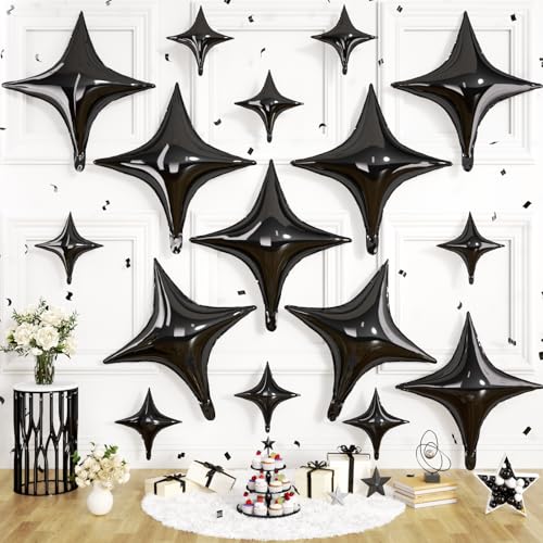 Black Star Balloons, 16 PCS Four Angle Star Foil Balloons, 26 Inch and 10 Inch Black Stars Shaped Balloon for Graduation Birthday Baby Shower Anniversary Retirement Engagement New Year Party Decor - color: Black