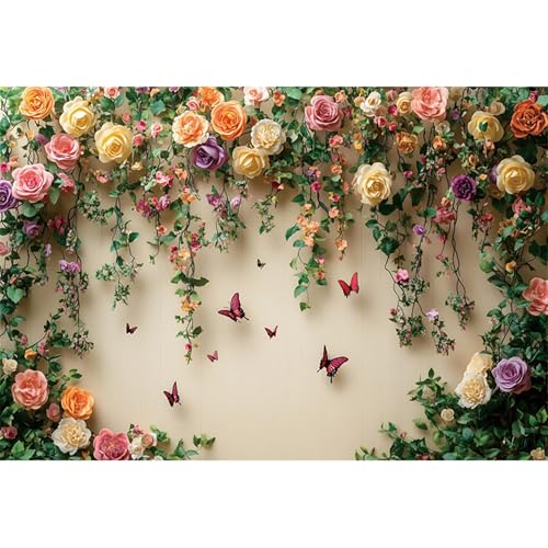 5x3ft Flowers Wall Photography Background Butterfly Spring Floral Botanical Banner Backdrop Vintage Wedding Birthday Backdrop Decorations Girls Party Table Cake Decoration Photo Props - color: pink and yellow, size: 5x3ft