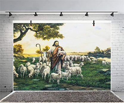 Laeacco Dusk Shepherd Sheep Flock Grassland Fresco Easter Backdrop 7x5ft Jesus Christ Theme Christmas Background Bible Story Church Activities Christian Photo Shoot Studio - size: 7x5ft
