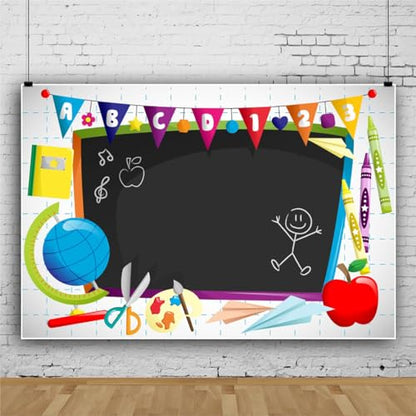 Leyiyi 6x4ft Vinyl Photography Background Welcome to Kindergarten Backdrop Cartoon ABC Letters Black Blackboard Watercolor Pen Paper Airplane Globe Back to School Themed Party Backdrops Banner - color: Black, size: 6x4ft-Vinyl