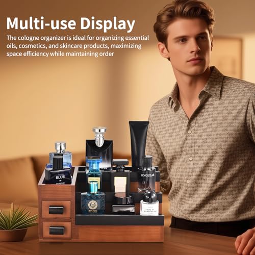 Perfume Stand Organizer for Men, 3 Tier Perfume Display Shelf with Velvet Lining Drawer and Hidden Compartment (Walnut Black - 2 Drawer) - style: 2 drawer - BlackWalnut