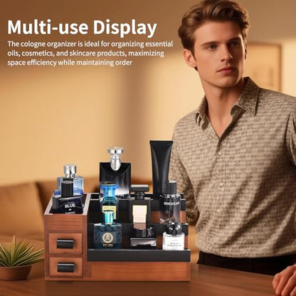 Perfume Stand Organizer for Men, 3 Tier Perfume Display Shelf with Velvet Lining Drawer and Hidden Compartment (Walnut Black - 2 Drawer) - style: 2 drawer - BlackWalnut