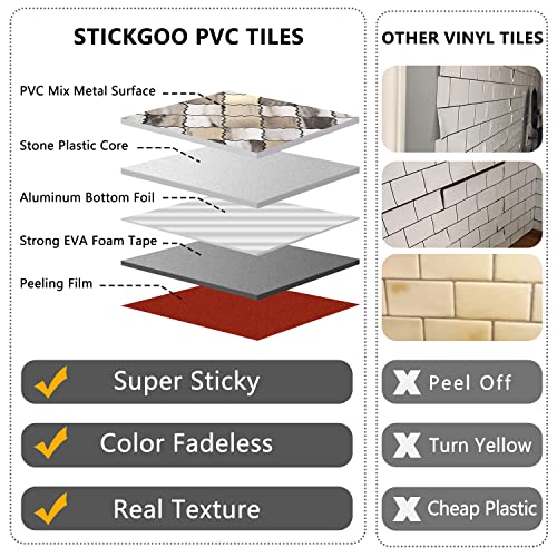 STICKGOO Arabesque Peel and Stick Backsplash Tile, Stick on Backsplash for Kitchen and Bathroom, Gold Wood Grain Marble Look PVC Mixed Metal Aluminum Mosaic Tiles(10 Sheets) - color: Gold Wood Grain Marble