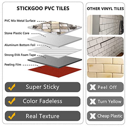 STICKGOO Arabesque Peel and Stick Backsplash Tile, Stick on Backsplash for Kitchen and Bathroom, Gold Wood Grain Marble Look PVC Mixed Metal Aluminum Mosaic Tiles(10 Sheets) - color: Gold Wood Grain Marble