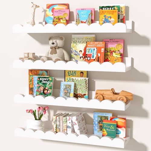 White Scalloped Nursery Shelves for Wall, 4-Pack Floating Book Shelves for Kids Room, Wall Mounted Kids Bookshelves for Bedroom, Playroom, Book and Decor Display - color: White, size: 4pc-15.7in