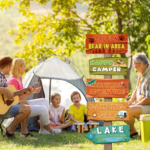 Hooqict 20 Pieces Camping Themed Party Decorations Camping Party Directional Signs for Summer Camp Decor Welcome to Camp Birthday Party Supplies Classroom Wall Door Porch Yard Sign - style: Camping