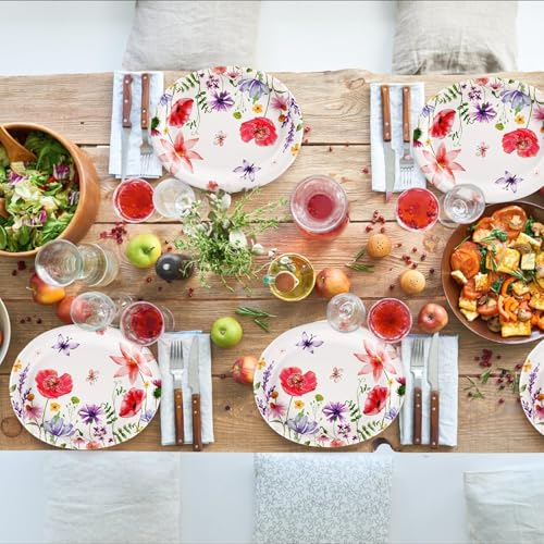 Grencian 50Pcs Floral Oval Paper Plates 10" X 12" Large Disposable Wildflower Plates Heavy Duty Watercolor Flower Platters for Spring Birthday Picnic Wedding Bridal Baby Shower Tea Party Supplies - style: Floral Oval Party Kit