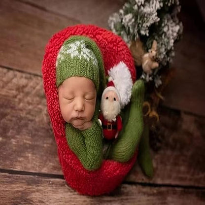 Christmas Newborn Baby Photo Shoot Props Outfits Crochet Clothes Santa Claus Red Hat Pants Photography Props - color: Green B