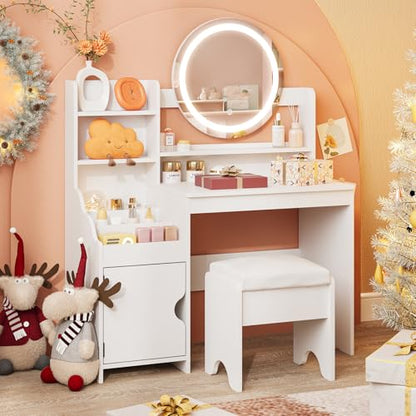 Vabches Kids Vanity with Lights, Princess Makeup Vanity Desk with Open Bookshelf, Storage Cabinet & Shelves, Toddler Vanity Table and Chair Set, Pretend Play Vanity Set for Little Girls, White - style: White