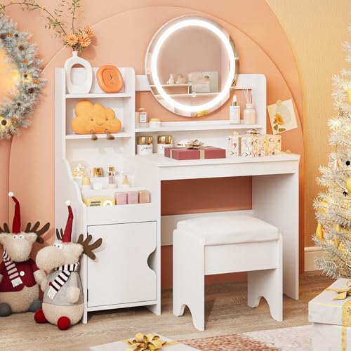 Vabches Kids Vanity with Lights, Princess Makeup Vanity Desk with Open Bookshelf, Storage Cabinet & Shelves, Toddler Vanity Table and Chair Set, Pretend Play Vanity Set for Little Girls, White - style: White