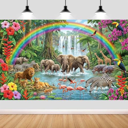 Rainbow Safari Jungle Backdrop for Kids Birthday Party, Tropical Forest Wild Animal Photography Background, Elephant Lion Zebra Flamingo Photo Booth Props for Baby Shower, Cake Table Decor - color: Multi1, size: 10X8