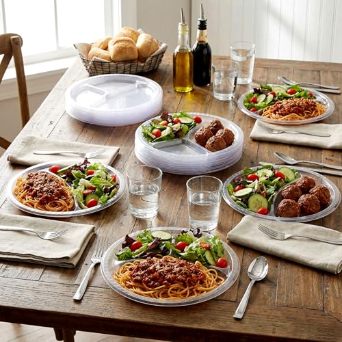 Umigy 100 Pcs 10 Inch 3 Compartments Divided Plastic Plates Bulk Colorful Disposable Heavy Duty Round Dinnerware for Party Valentine Wedding Birthday(Transparent) - color: Transparent