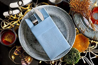 Moyes Home Baby Blue Disposable Dinner Napkins with Pocket - Linen-Feel Pre-Folded Cloth-Like Paper Napkins for Silverware, Weddings, Dinner Parties, 16x16 in, Pack of 50 - color: Baby Blue