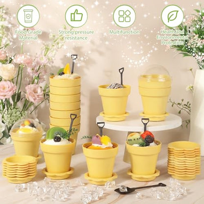 Honeydak 25 Pack Flowerpot Dessert Cup Plastic Cake Cups with Lid Shovel Spoon Mini Flower Pot Dessert Cups Ice Cream Yogurt Cupcake Holder Containers for Birthday Party Supplies DIY Baking (Yellow) - color: Yellow
