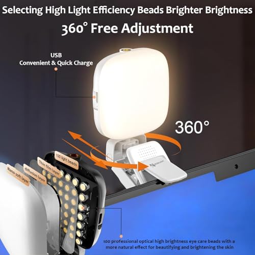 LED Video Light for Camera & Phone – Clip On Rechargeable Laptop Light with 100 LEDs, Dimmable 2500K–6000K, USB-C Selfie Light for Zoom Meetings, Streaming, YouTube & Photography - color: LED_Black-