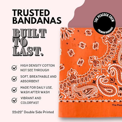 The Peacock Crew Premium Soft Cotton Bandanas Pack for Men and Women Paisley 22 x 22 inches - color: Pack of 10 Orange Slice