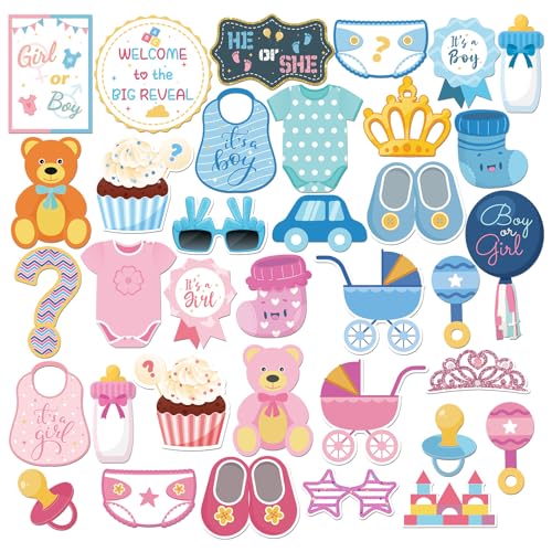 INNORU Boy or Girl Photo Booth Props, Baby Shower Photoshoot Gender Reveal Party Photography Props Favor He or She Centerpiece Sticks Decorations 35 PCS