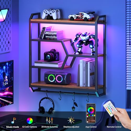HOOBRO 27.5" Floating Shelf with LED Lights, Gaming LED Wall Mounted Shelf with Hanging Rod & 4 S-Hooks, 4-Tier Hanging Display Rack, for Living Room, Gaming Room, Rustic Brown and Black BF71DBJ01 - color: Rustic Brown + Black