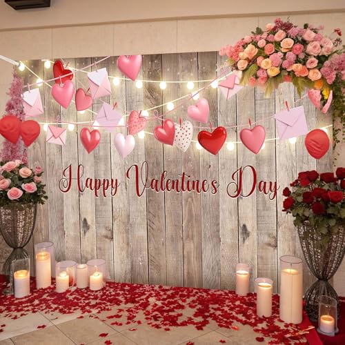 Rustic Valentine's Day Photography Backdrop 72 x 44 Inch - Wooden Happy Valentine's Day Banner with Hearts & Lights for Romantic Shoots - color: Wooden