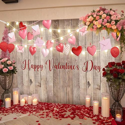 Rustic Valentine's Day Photography Backdrop 72 x 44 Inch - Wooden Happy Valentine's Day Banner with Hearts & Lights for Romantic Shoots - color: Wooden