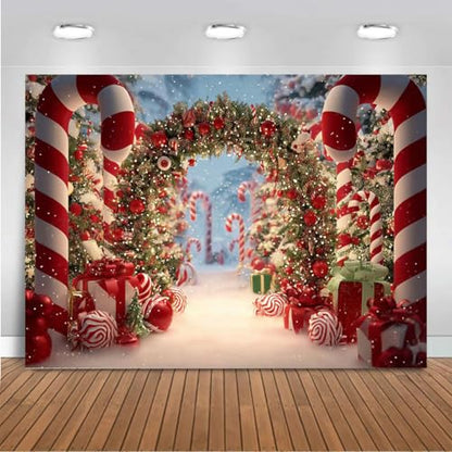 Mocsicka Christmas Candy Cane Backdrop Red Candy Land House Xmas Photography Backdrop Winter Snow Scene Christmas New Year Family Holiday Party Decorations Photo Booth Props (5x3ft (60x36 inch)) - size: 5x3ft (60x36 inch)