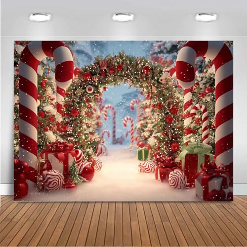 Mocsicka Christmas Candy Cane Backdrop Red Candy Land House Xmas Photography Backdrop Winter Snow Scene Christmas New Year Family Holiday Party Decorations Photo Booth Props (10x8ft (120x96 inch)) - size: 10x8ft (120x96 inch)
