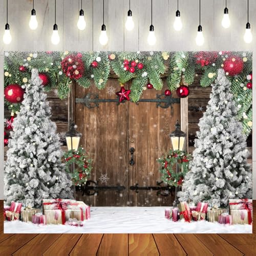 8x10ft Christmas Backdrop Snowy Wooden Door Background Pine Garland Christmas Trees Gifts Lanterns Red Gold Ornament Winter Photography Backdrop Xmas Party Banner Home Wall Decoration 114 - size: 10 x 8ft