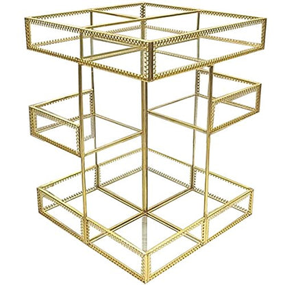 360 Degree Rotation Makeup Organizer Antique Countertop Cosmetic Storage Box Mirror Glass Beauty Display, Gold Spin Large Capacity Holder for Brushes Lipsticks Skincare Toner