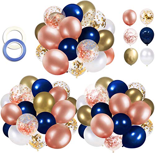 68 Pack Navy Blue Rose Gold Confetti Latex Balloons, 12 inch Birthday Balloons with 65 Feet balloon Ribbon for Birthday Party Wedding Graduation Bridal Shower Decorations - color: Navy Blue Rose Gold