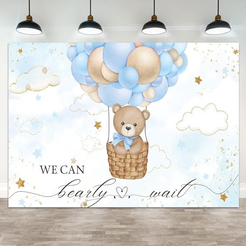 5x4ft Baby Shower Backdrop Bear Hot Air Balloon Photography Background Blue Brown Balloons White Cloud Glitter Gold Stars Birthday Party Banner Decorations Newborn Parties Photo Booth Prop - color: color 4, size: 5x4ft