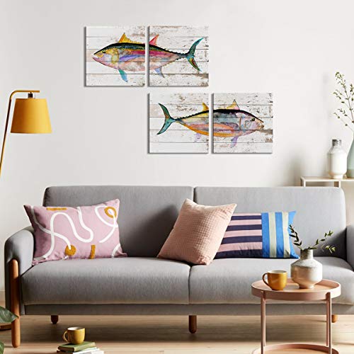 Beach Fish Wall Art Bathroom Decor Vintage Coastal Tuna Fish Picture Living Room Colorful Abstract Sea Fishes Canvas Prints Farmhouse Ocean Animal Nautical Poster Kitchen Home Decoration 12x12" 4P - color: Sea Fish, size: 12"l X 12"w