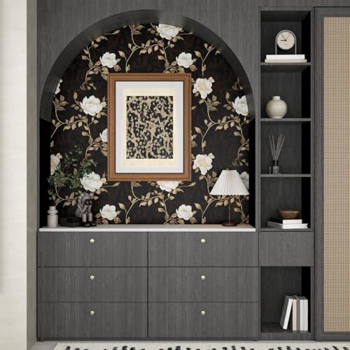 Laatse Black Golden Floral Peel and Stick Wallpaper Flowers Contact Paper 17.5"x118" Self Adhesive Waterproof Vintage Dark Floral Wall Paper for Shelf Liner Cabinet Decor - color: Dark and Gold, size: 17.5" x 118"