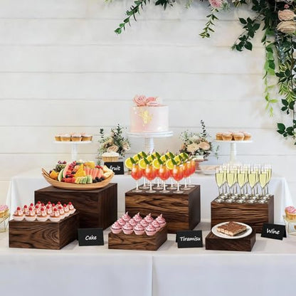 6 Pcs Buffet Risers and stands with Food Signs, Food Risers for Buffet Table, Rustic Wood Cake Stand, Wood Risers Display Stands for Decor, Party, Birthday, Wedding, Baby Shower