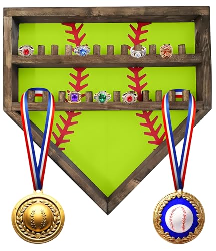 Softball Baseball Ring Holder Display Case, Championship Ring Display case Wood, 24 Ring Posts, Sports Medal Wall Mount Display Shelft Box for Girl Women - color: Light Green