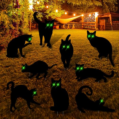 Blulu 9 Pcs Halloween Decorations Outdoor Black Cat Yard Signs with Stakes Scary Silhouette with Glow in The Dark Eyes Corrugated Plastic Waterproof Black Cat Decor for Garden Lawn Patio (Cats) - style: Cats