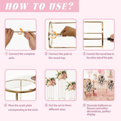 3PCS Cylinder Pedestal Stands for Parties, Gold Metal Plant Round Cylinder Stands for Party Flowers, Display Columns Pedestal Stand Cylinder Tables for Vases Birthday Party Backdrop Decorations