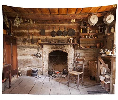 BELECO Rustic Kitchen Backdrop 8x6ft Fabric Western Old Wooden House Kitchen Interior Background Rural Farmhouse Fireplace Cooking Utensils Cooking Background Farmers Cowboys Portrait Photo Props - size: 8x6FT
