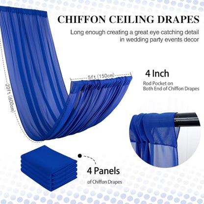 DUOBAO Royal Blue 5x20ft Chiffon Drapes 4pc Elegant Sheer Wedding Backdrop Curtains Chiffon Ceiling Drapes for Tent, Banquet Hall, and Photography - color: Royal Blue, size: 60"W x 240"L (Pack of 4)