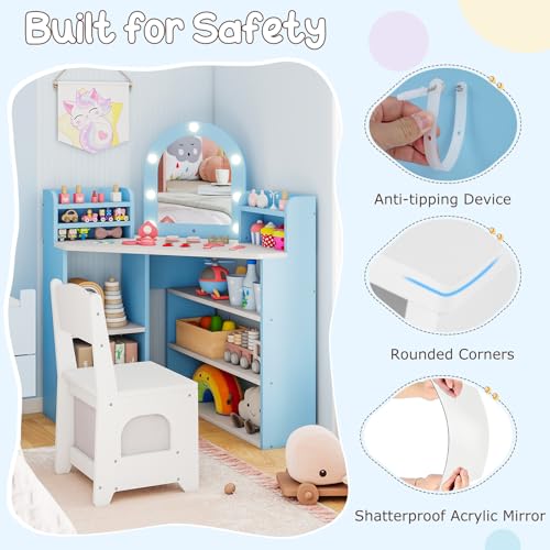 Costzon Kids Vanity with Lights, Corner Vanity Desk with Mirror, Storage Shelves, Wooden Princess Toddler Makeup Dressing Table, Kids Vanity Table and Chair Set for Little Girls (Blue) - style: Blue with Corner Design